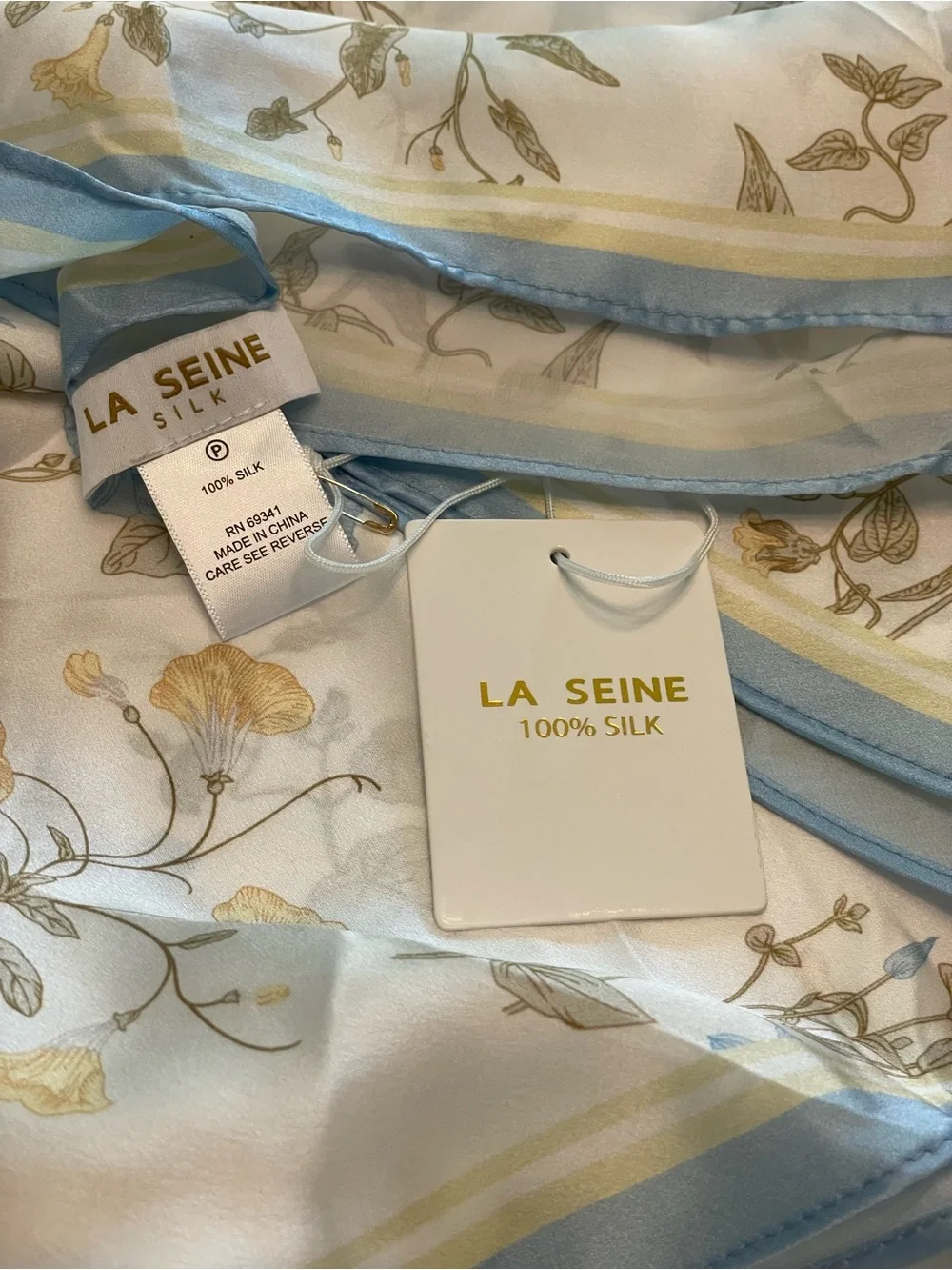 NWT La Seine 100% Silk Floral Oversized Triangle Scarf Blue Ivory Cottagecore